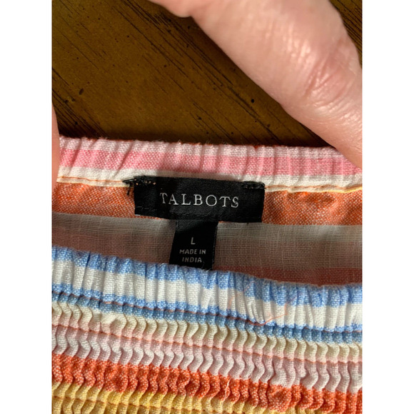 Talbots Linen Blouse Womens Size L Striped Colorful Short Sleeve Square Neck - Picture 3 of 7